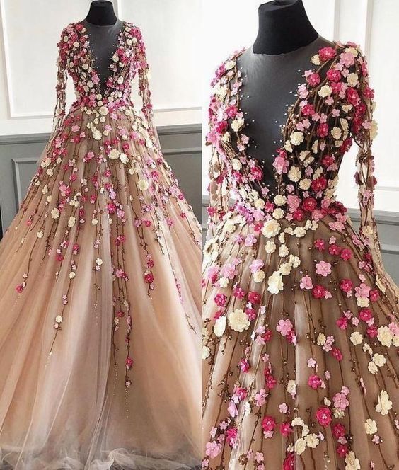 Champagne Prom Dresses 3D Flowers Prom Dresses Long Sleeve Prom Dresses Elegant Prom Dresses