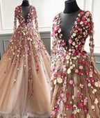 Champagne Prom Dress, 3D Flowers Prom Dress, Long Sleeve Prom Dress, Elegant Prom Dress
