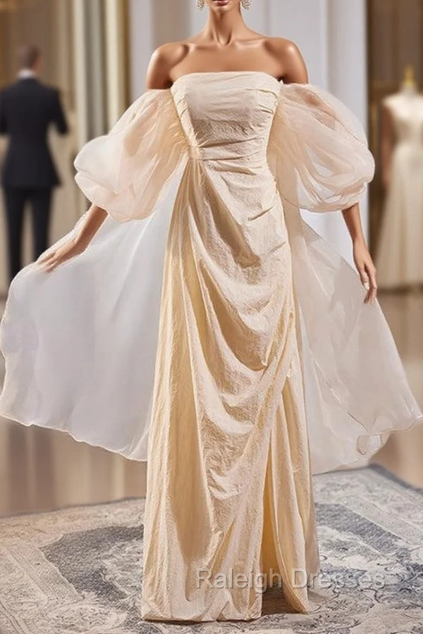 Champagne Puff Sleeve Pleats Prom Dress Main image