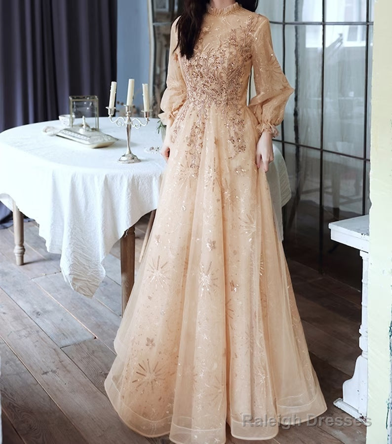 Champagne Puffy Sleeves Long Beaded Party Dress, Champagne Tulle Prom Dress Secondary image
