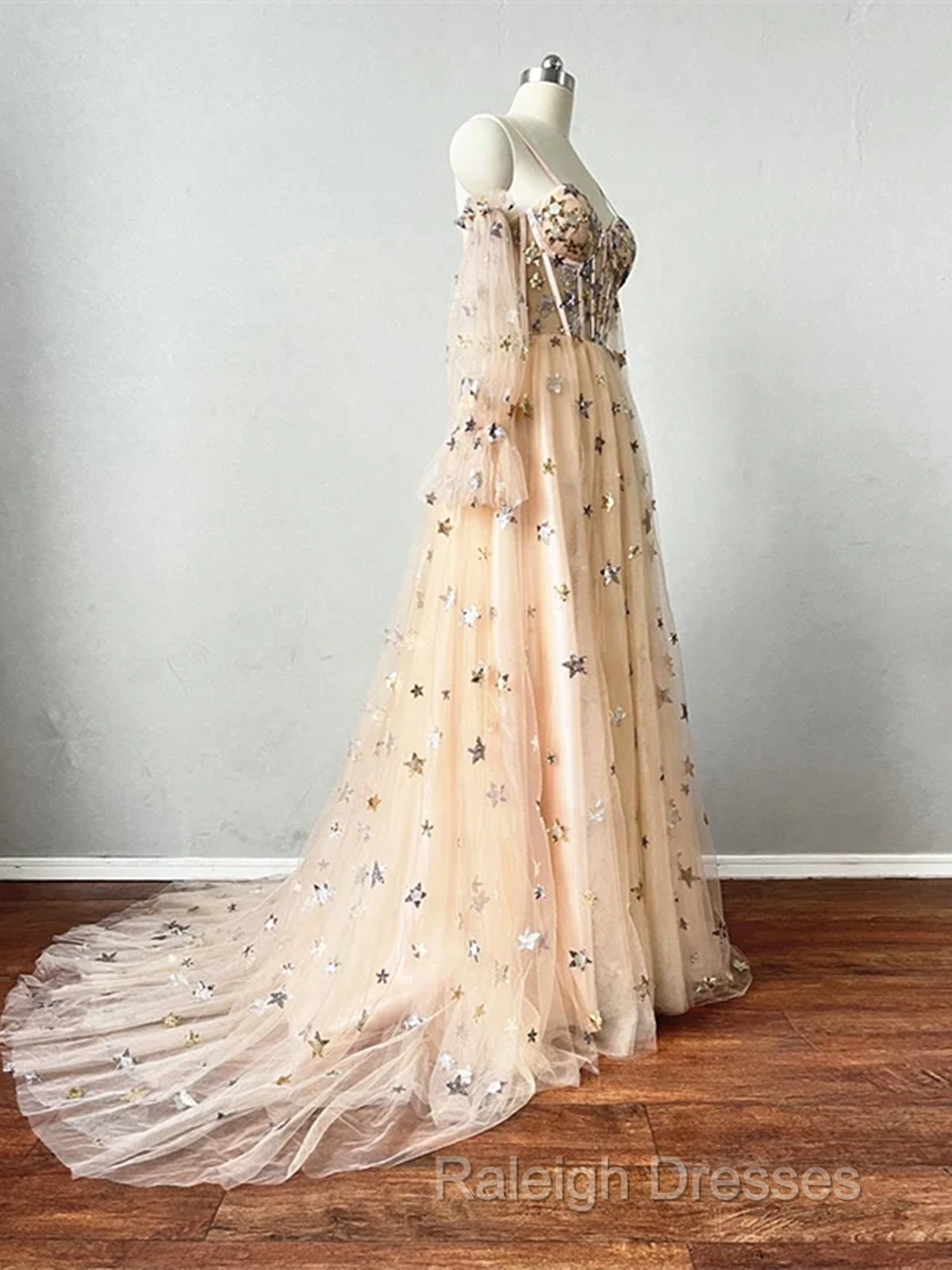 Champagne Puffy Sleeves Tulle Long Evening Dress, Champagne Party Dress Prom Dress