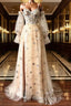 Champagne Puffy Sleeves Tulle Long Evening Dress, Champagne Party Dress Prom Dress