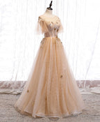 Champagne Puffy Sleeves Tulle Long Evening Dress Party Dress, A-Line Tulle Prom Dresses