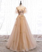 Champagne Puffy Sleeves Tulle Long Evening Dress Party Dress, A-Line Tulle Prom Dresses