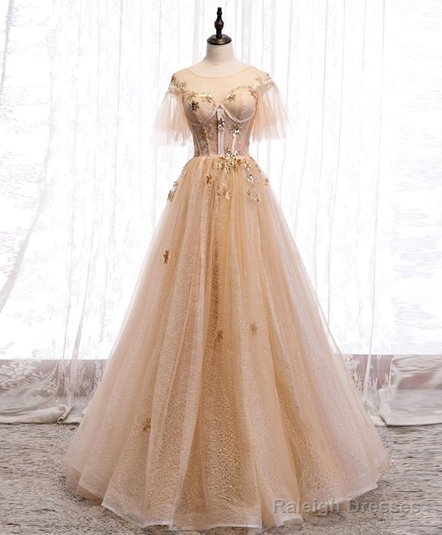 Champagne Puffy Sleeves Tulle Long Evening Dress Party Dress, A-Line Tulle Prom Dresses
