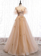 Champagne Puffy Sleeves Tulle Long Evening Dress Party Dress, A-Line Tulle Prom Dresses