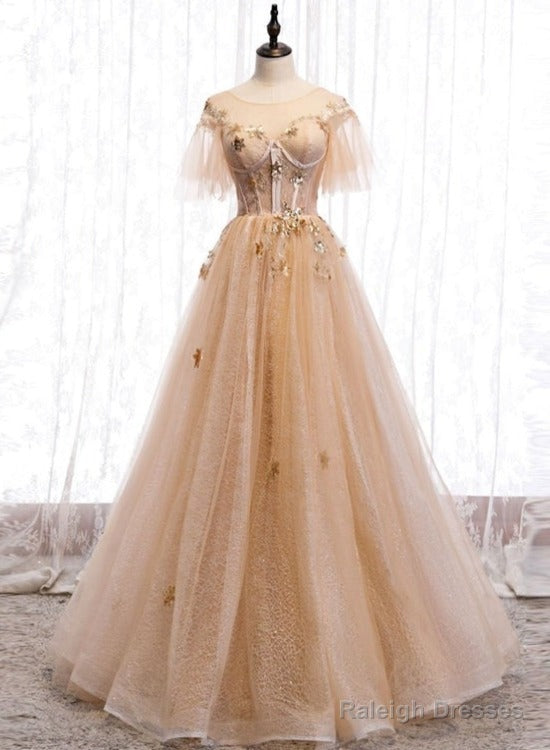 Champagne Puffy Sleeves Tulle Long Evening Dress Party Dress, A-Line Tulle Prom Dresses