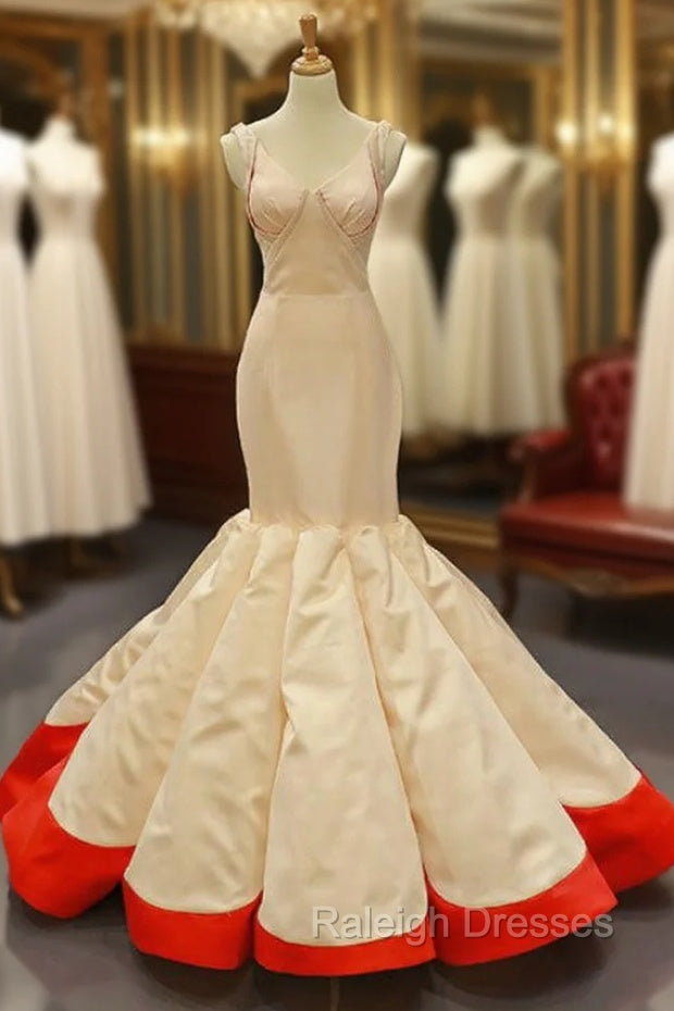 Champagne Red Mermaid Satin V Neck Pleats Prom Dress Main image