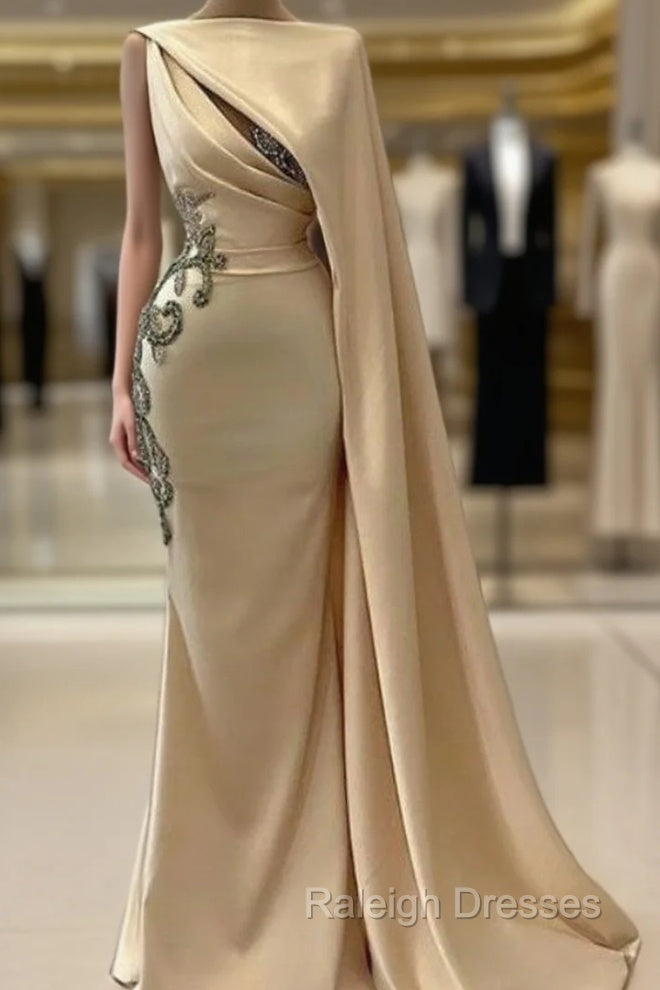 Champagne Robe De Soiree Sheath Floor Length Satin Beaded Long Prom Dresses Prom Gown Evening Dresses Main image