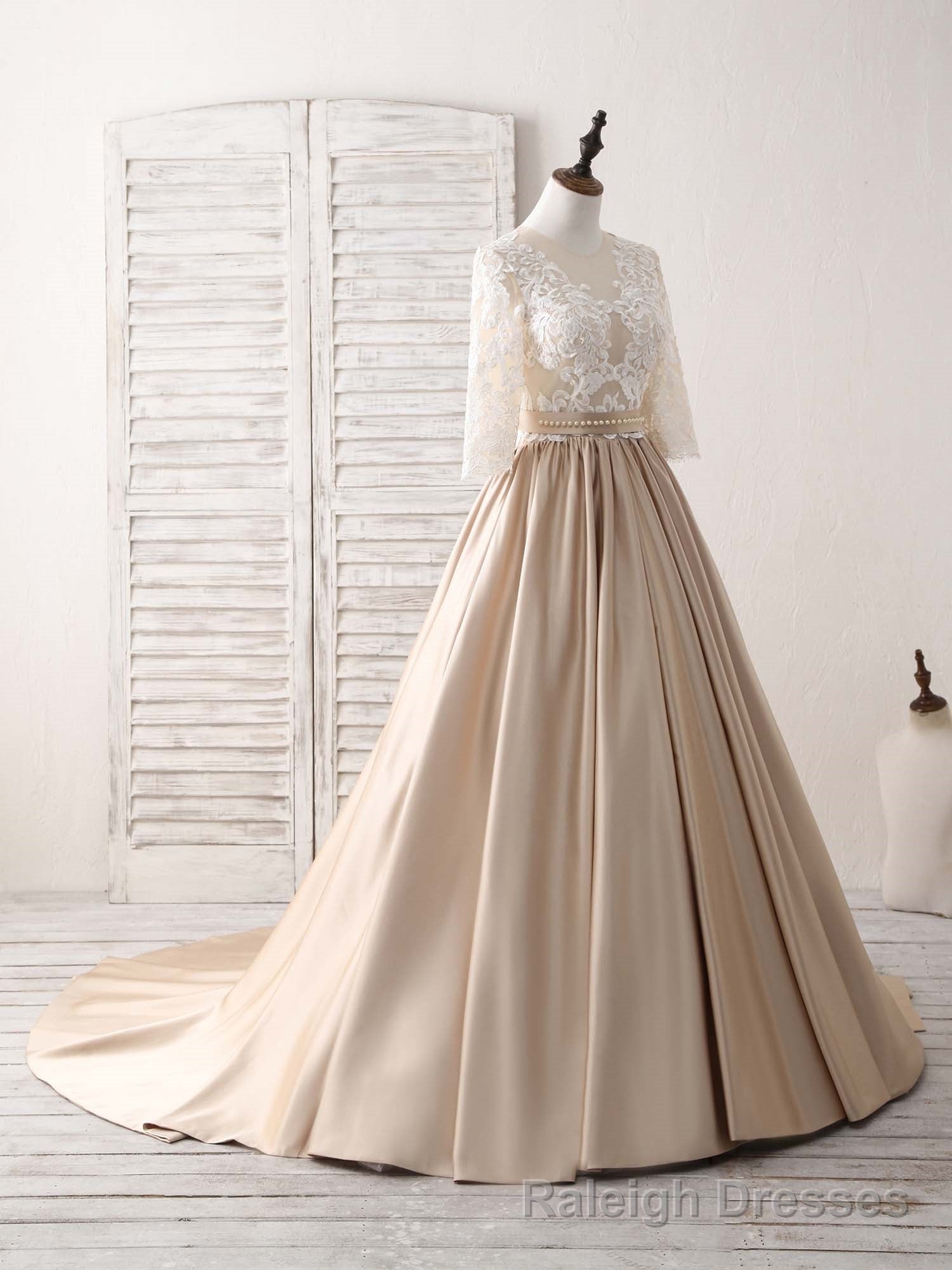 Champagne Round Neck Satin Lace Long Prom Dress, Prom Dress