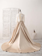 Champagne Round Neck Satin Lace Long Prom Dress, Prom Dress