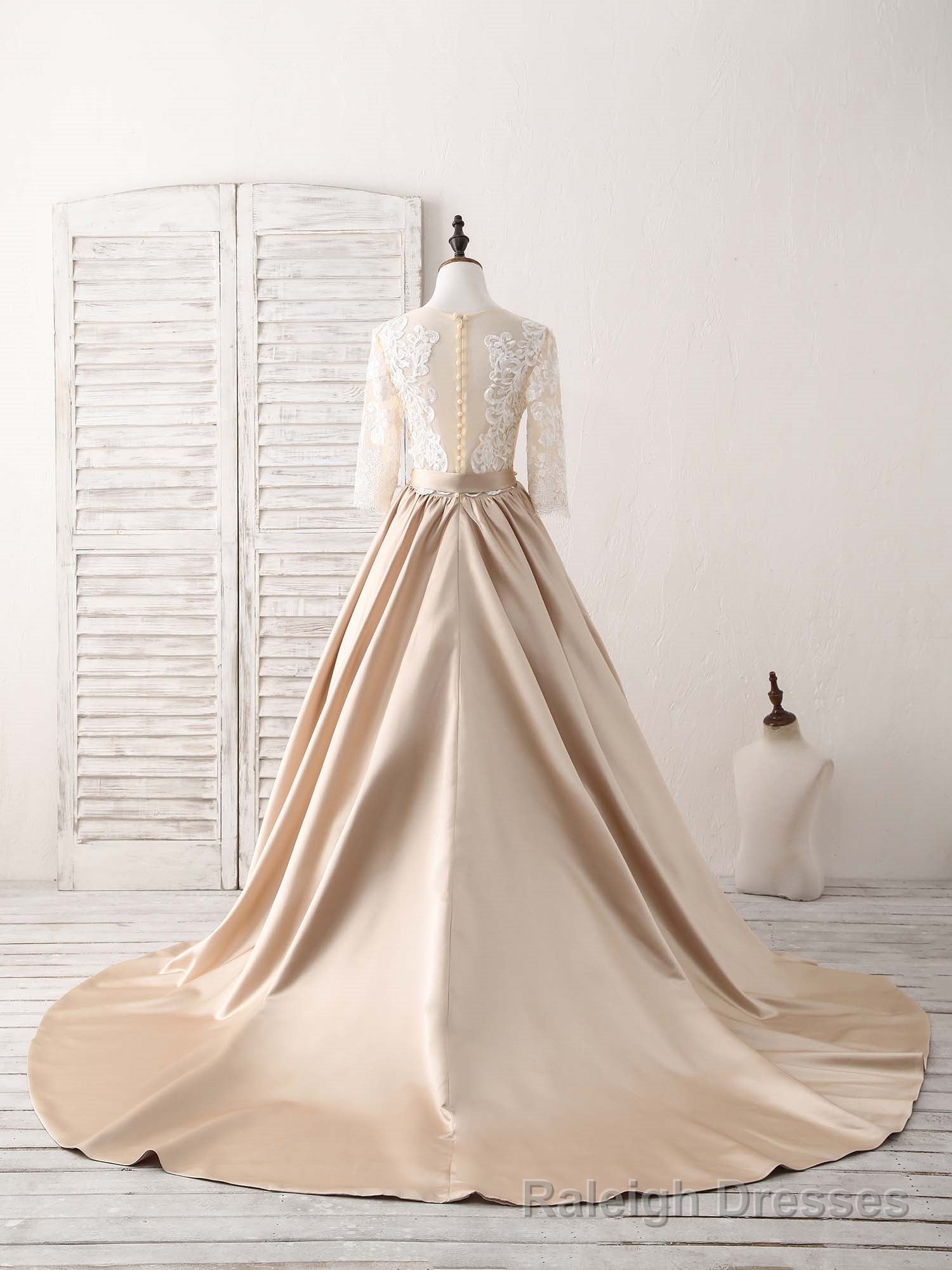 Champagne Round Neck Satin Lace Long Prom Dress, Prom Dress