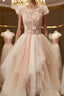 Champagne round neck tulle beads short prom dress, homecoming dress