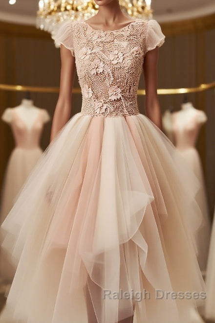 Champagne round neck tulle beads short prom Dresses homecoming Dresses Main image