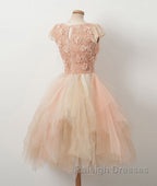Champagne round neck tulle beads short prom Dresses homecoming Dresses