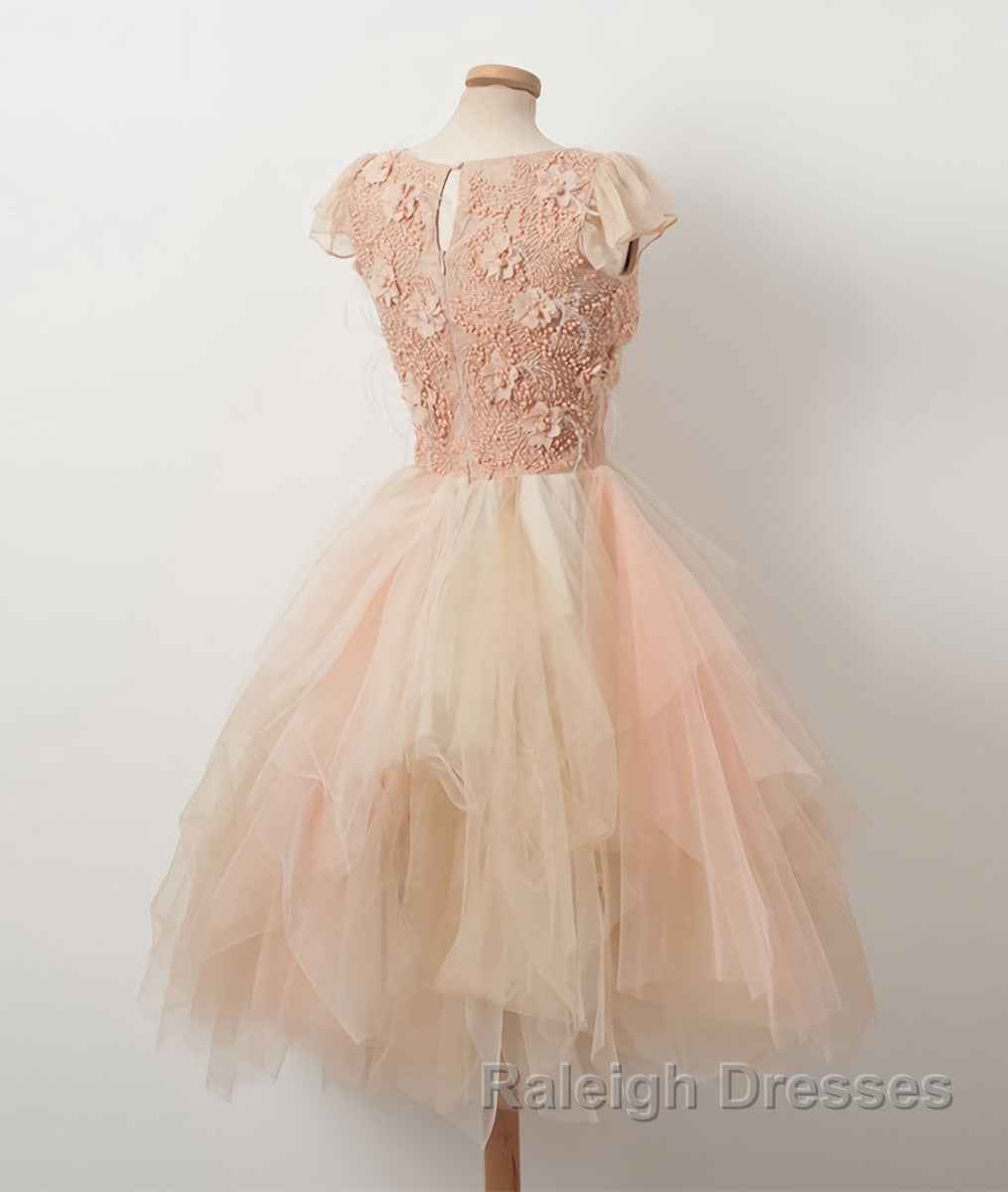 Champagne round neck tulle beads short prom Dresses homecoming Dresses