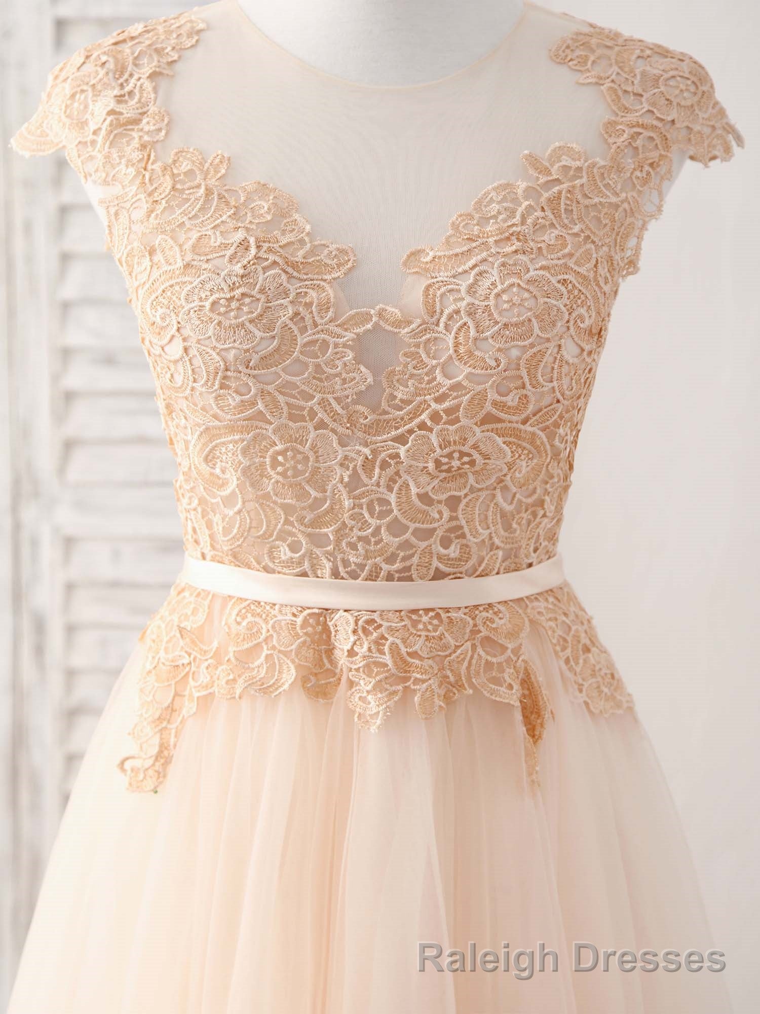 Champagne Round Neck Tulle Lace Applique Long Prom Dress