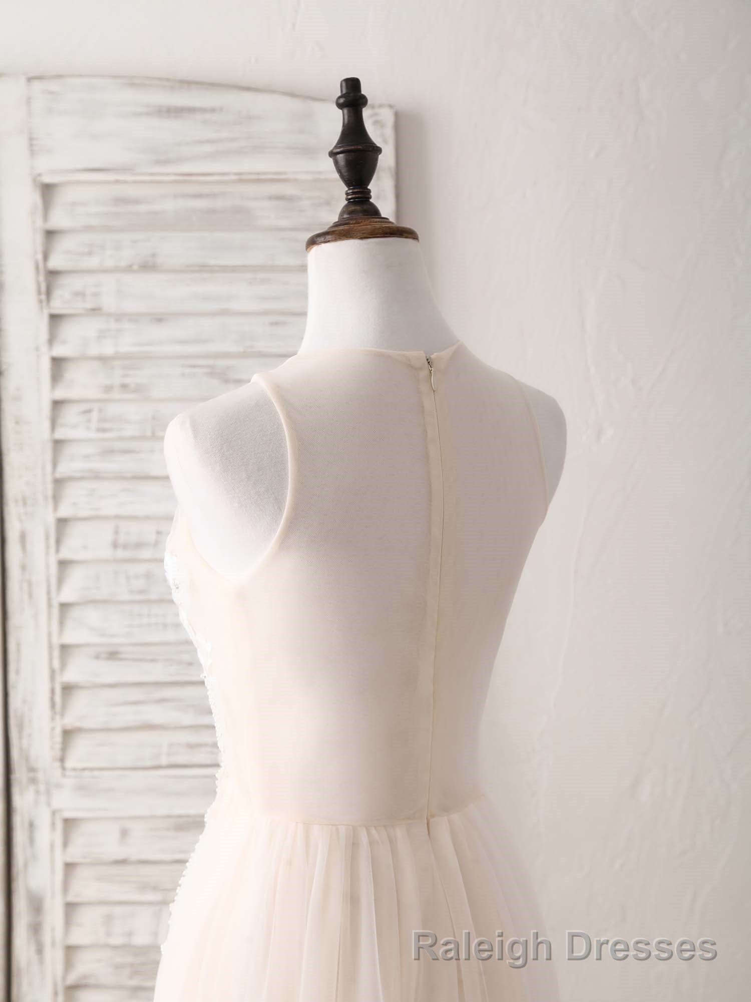 Champagne Round Neck Tulle Lace Applique Long Prom Dress