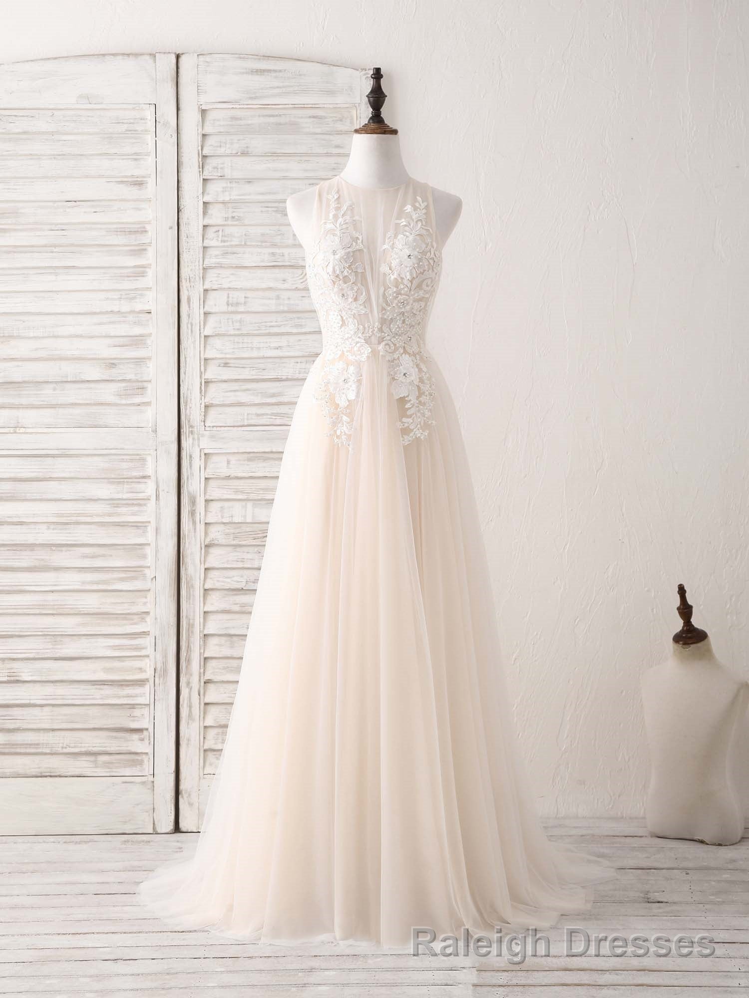 Champagne Round Neck Tulle Lace Applique Long Prom Dress Secondary image