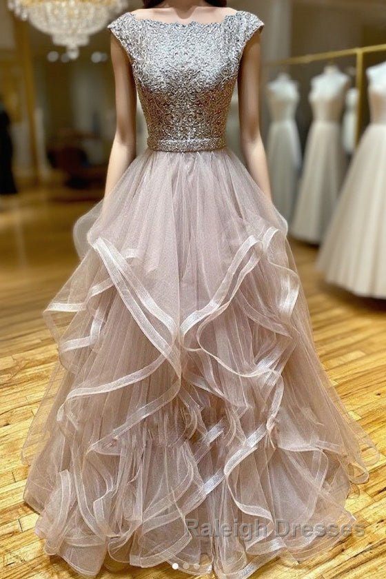 Champagne round neck tulle lace long prom dress evening dress Main image