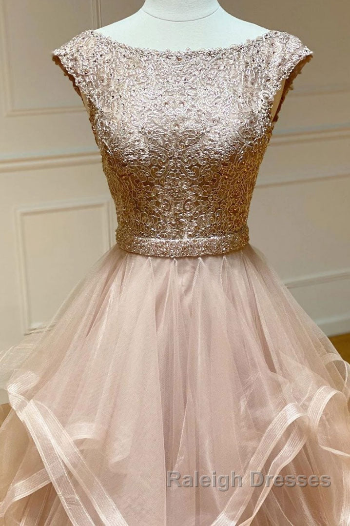 Champagne round neck tulle lace long prom dress evening dress Secondary image