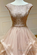 Champagne round neck tulle lace Prom Dresses Long Prom Dresses
