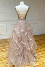Champagne round neck tulle lace Prom Dresses Long Prom Dresses