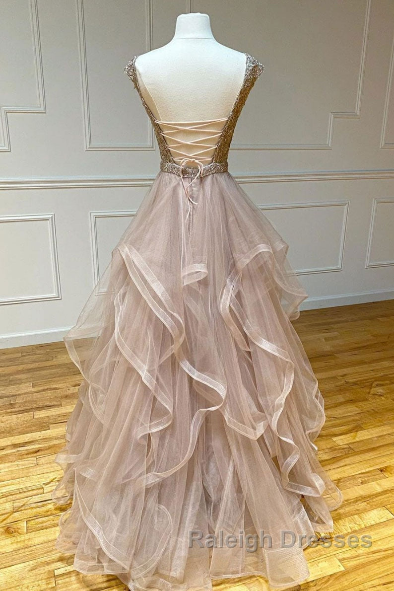 Champagne round neck tulle lace Prom Dresses Long Prom Dresses