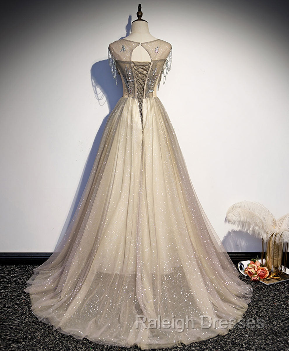 Champagne Round Neck Tulle Sequin Long Prom Dress Tulle Formal Dress