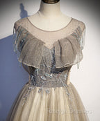 Champagne Round Neck Tulle Sequin Long Prom Dress Tulle Formal Dress