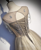 Champagne Round Neck Tulle Sequin Long Prom Dress Tulle Formal Dress