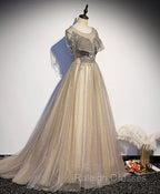 Champagne Round Neck Tulle Sequin Long Prom Dress Tulle Formal Dress