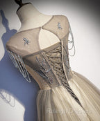 Champagne Round Neck Tulle Sequin Long Prom Dress Tulle Formal Dress