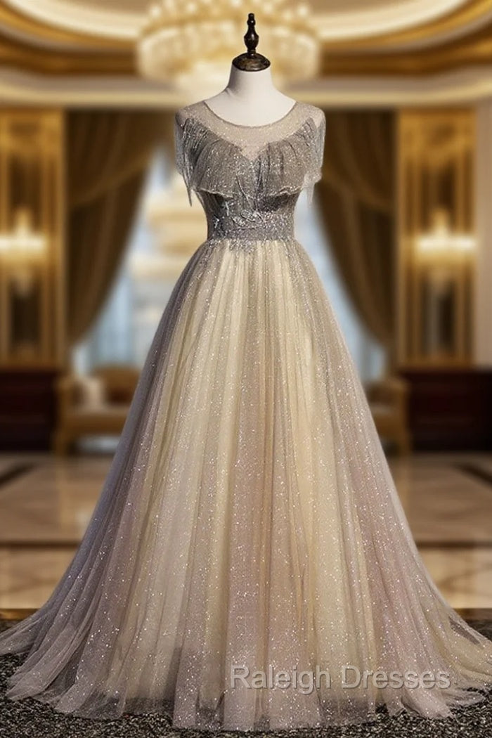 Champagne Round Neck Tulle Sequin Long Prom Dress Tulle Formal Dress Main image