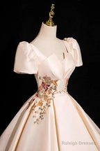 Champagne Satin Lace Long Prom Dresses Elegant A-Line Short Sleeve Prom Dresses