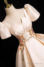 Champagne Satin Lace Long Prom Dresses Elegant A-Line Short Sleeve Prom Dresses