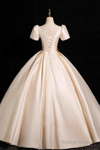 Champagne Satin Lace Long Prom Dress, Elegant A-Line Short Sleeve Party Dress