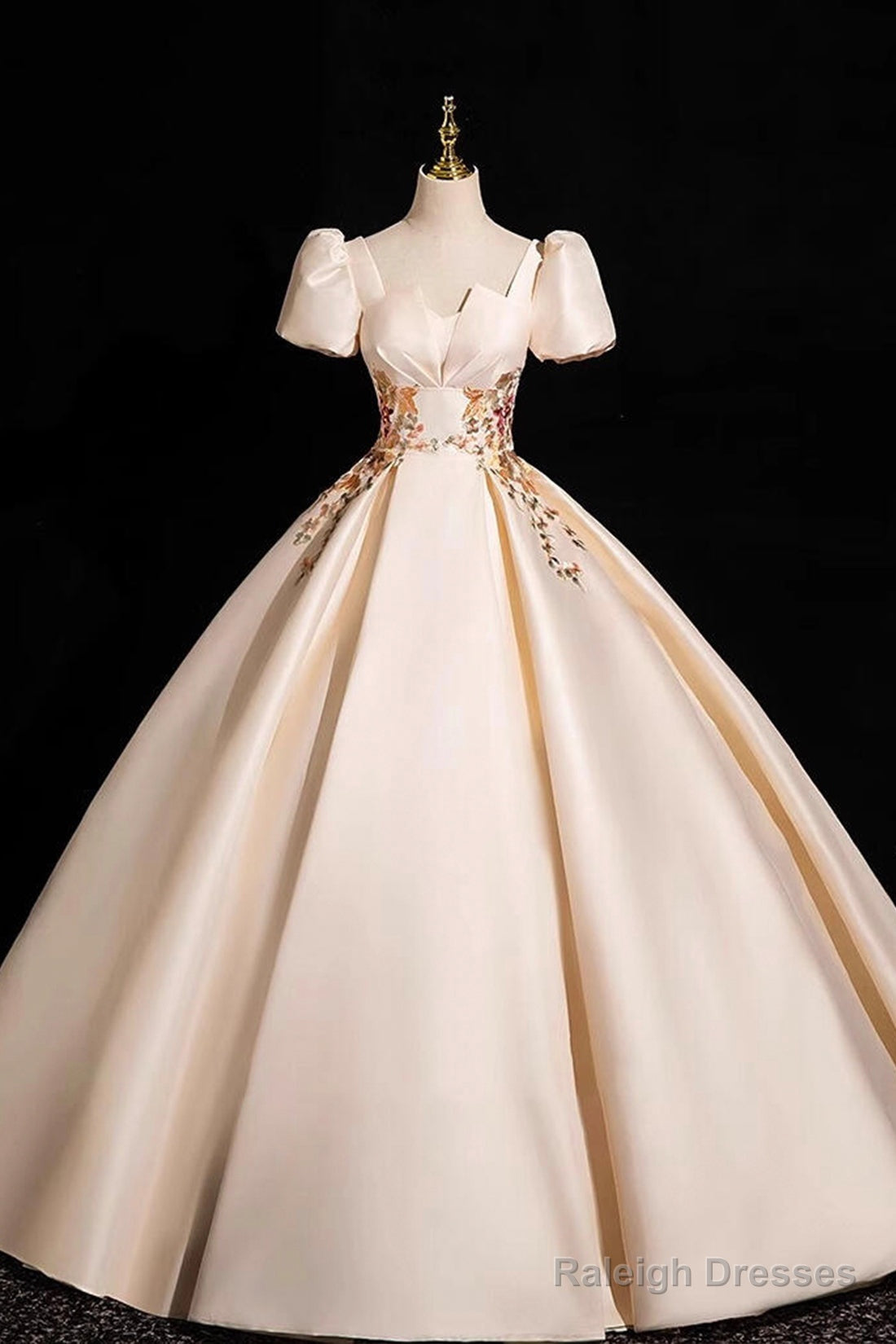 Champagne Satin Lace Long Prom Dress, Elegant A-Line Short Sleeve Party Dress Main image