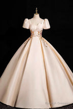 Champagne Satin Lace Long Prom Dress, Elegant A-Line Short Sleeve Party Dress