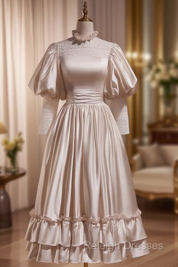 Champagne Satin Lace Short Sleeve Wedding Dress