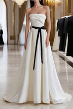 Champagne Satin Long A-Line Prom Dress, Strapless Formal Evening Dress