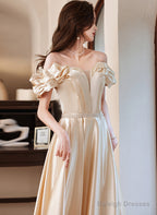 Champagne Satin Long Off Shoulder Prom Dress, A-Line Beaded Evening Dress