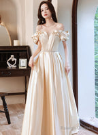 Champagne Satin Long Off Shoulder Prom Dress, A-Line Beaded Evening Dress