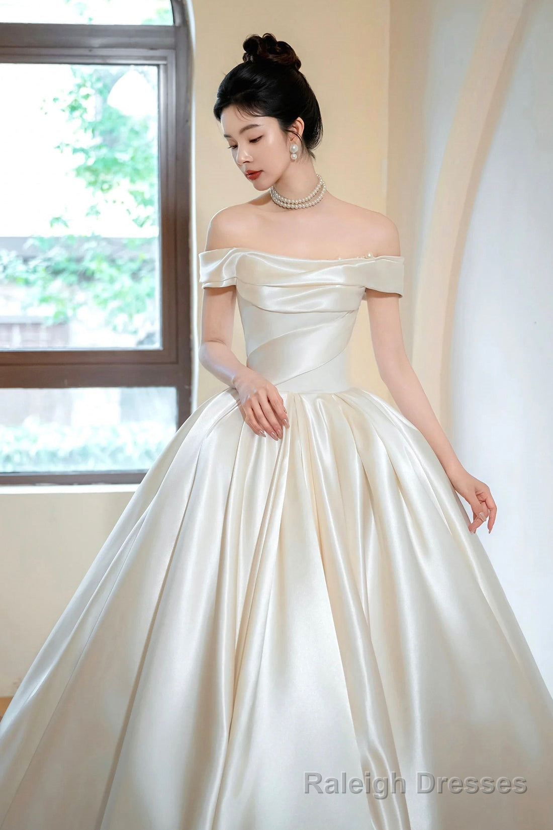 Champagne Satin Long Prom Dress, Off the Shoulder Formal Evening Dress