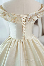 Champagne Satin Long Prom Dress with Beaded, V-Neck Evening Party Dress