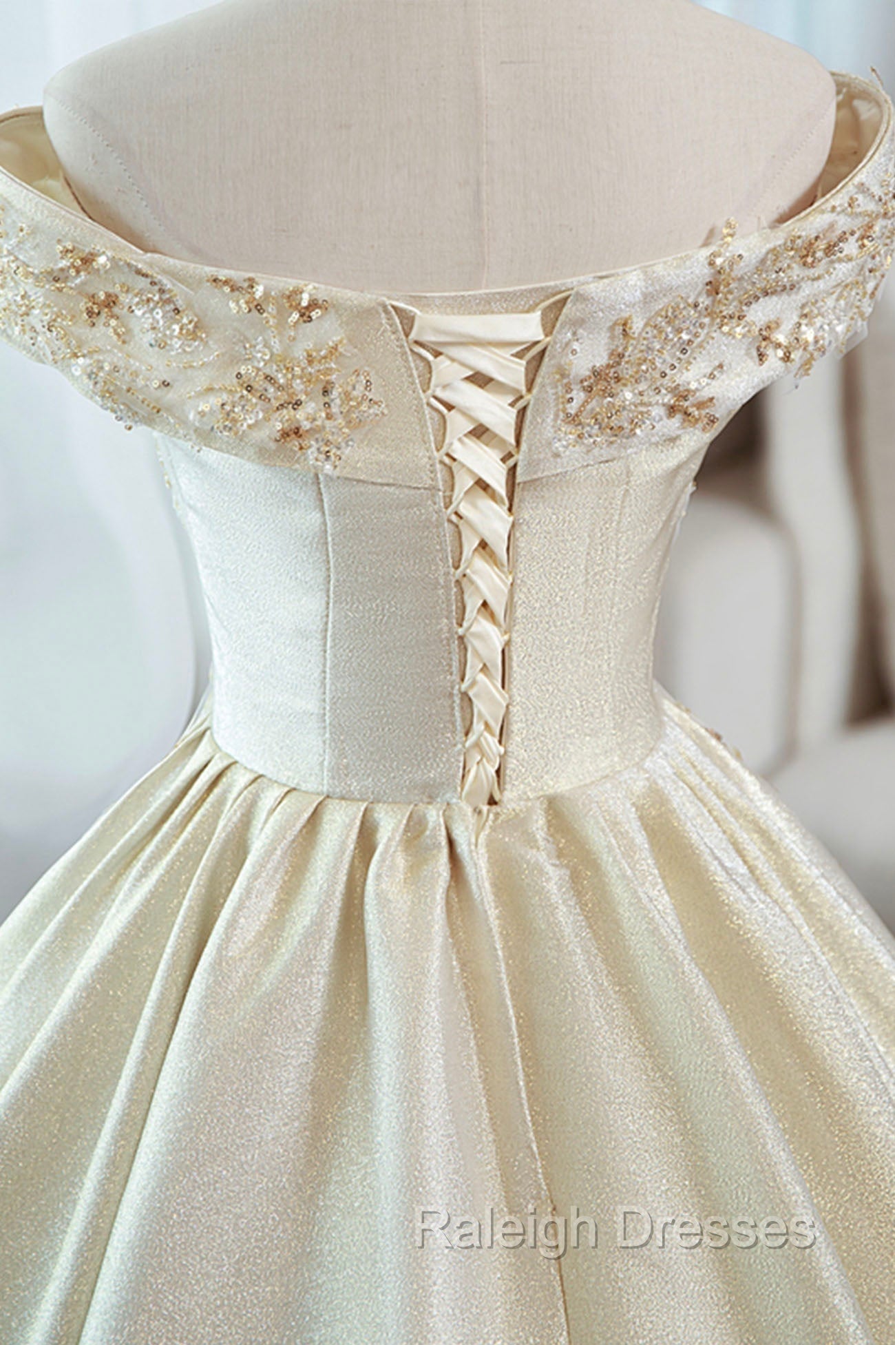 Champagne Satin Long Prom Dress with Beaded, V-Neck Evening Party Dress