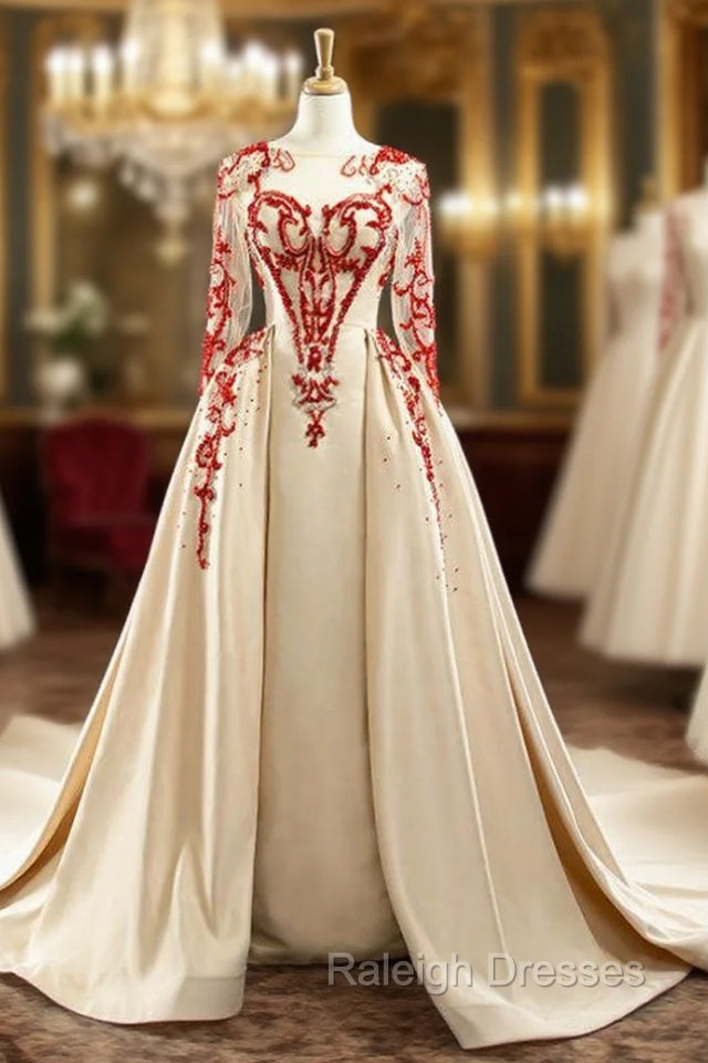 Champagne Satin Long Sleeve Beading Sequins Prom Dress