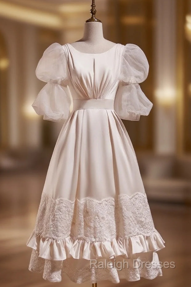 Champagne Satin Long Sleeve High Neck Wedding Dress