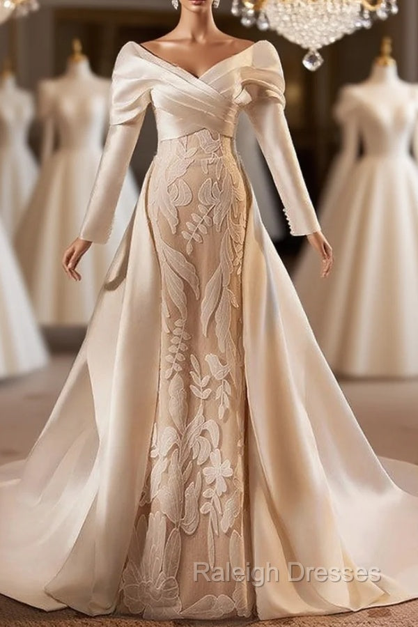 Champagne Satin Long Sleeve Wedding Dress