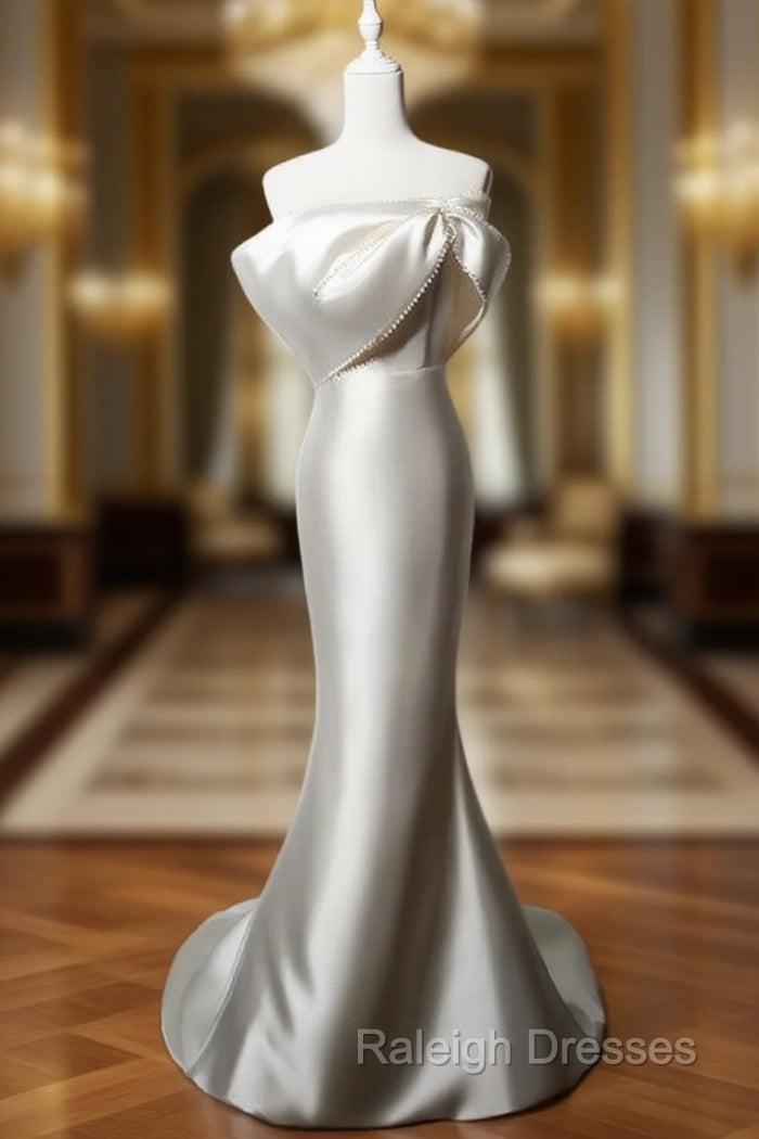 Champagne Satin Mermaid Pearls Wedding Dress Main image